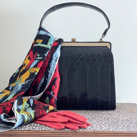 Sterling USA Handbags - Vintage 50s Sterling Alligator Top Handle Bag/Vintage Black Alligator Bag Purse